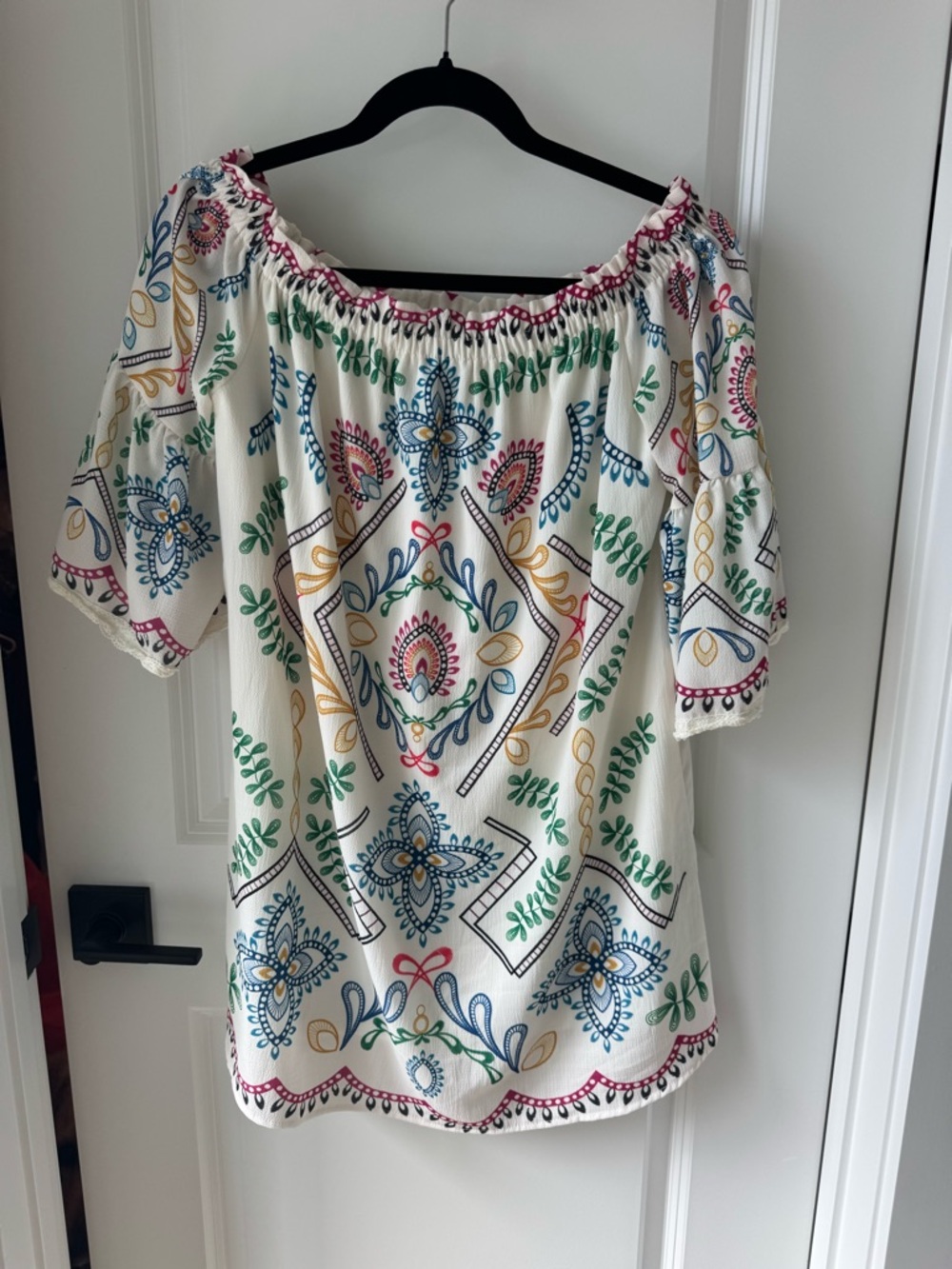 Flying Tomato Ivory Off-Shoulder Mini Dress with Blue, Green and Pink Embroidery